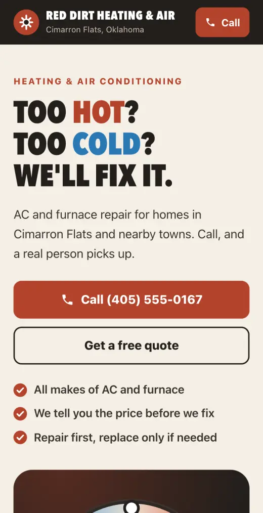 Example HVAC company website on a phone
